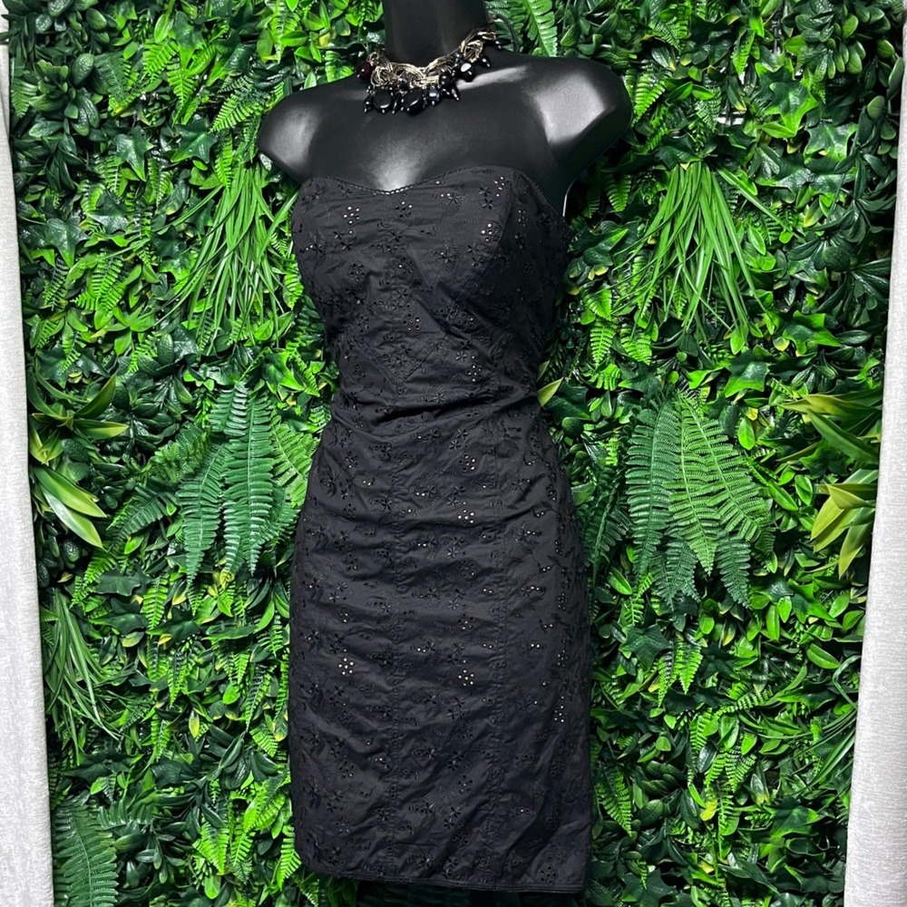 Betsey Johnson Dress Size 6 Black Eyelet Strapless Sheath Whimsigoth Pinup 4208